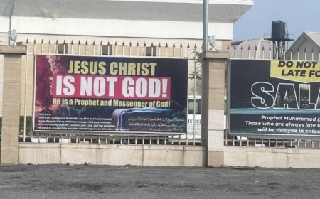 Social Media on Fire as Netizens Divided Over ‘Jesus Is Not God’ Banner Displayed At Lekki Central Mosque