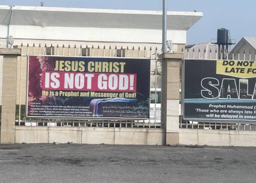 Social Media on Fire as Netizens Divided Over ‘Jesus Is Not God’ Banner Displayed At Lekki Central Mosque