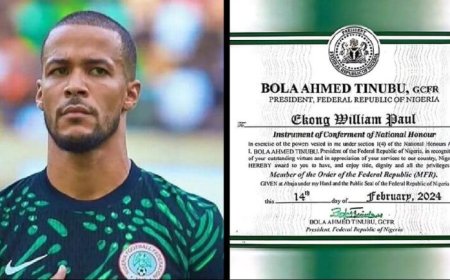Retired Super Eagle Captain, Troost-Ekong Receives National Honour Certificate From Tinubu, Pledges Continual Support to Others